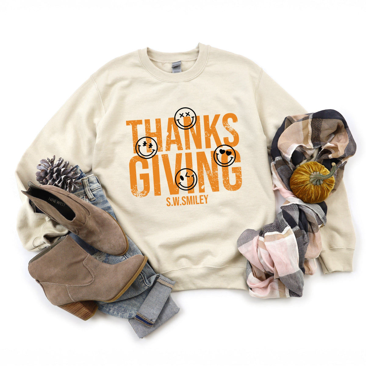 S.W.Smiley Thanksgiving Distressed - Women's Graphic Sweatshirt