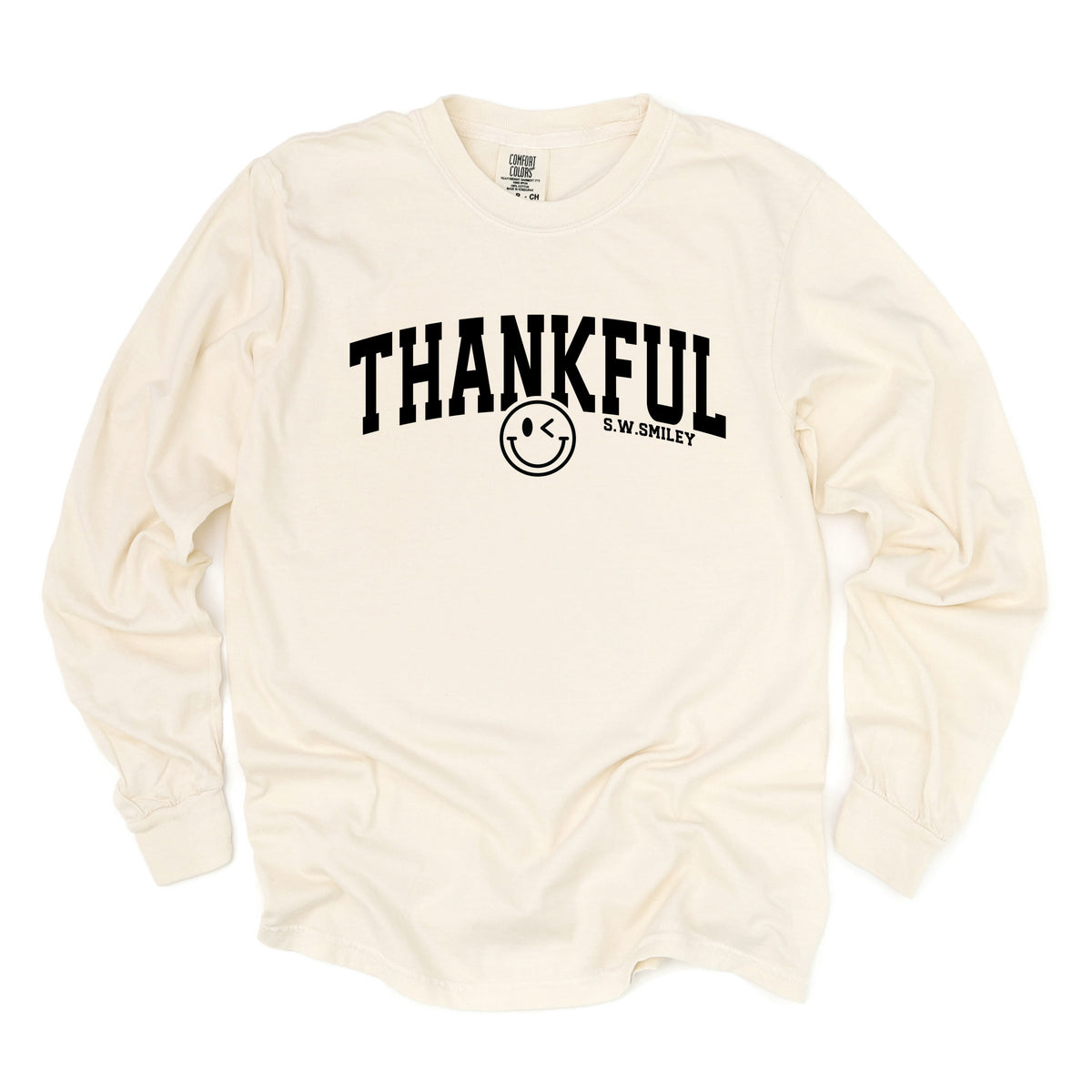 S.W.Smiley Thankful Varsity Arched - Women's Garment Dyed Long Sleeve Graphic T-Shirt
