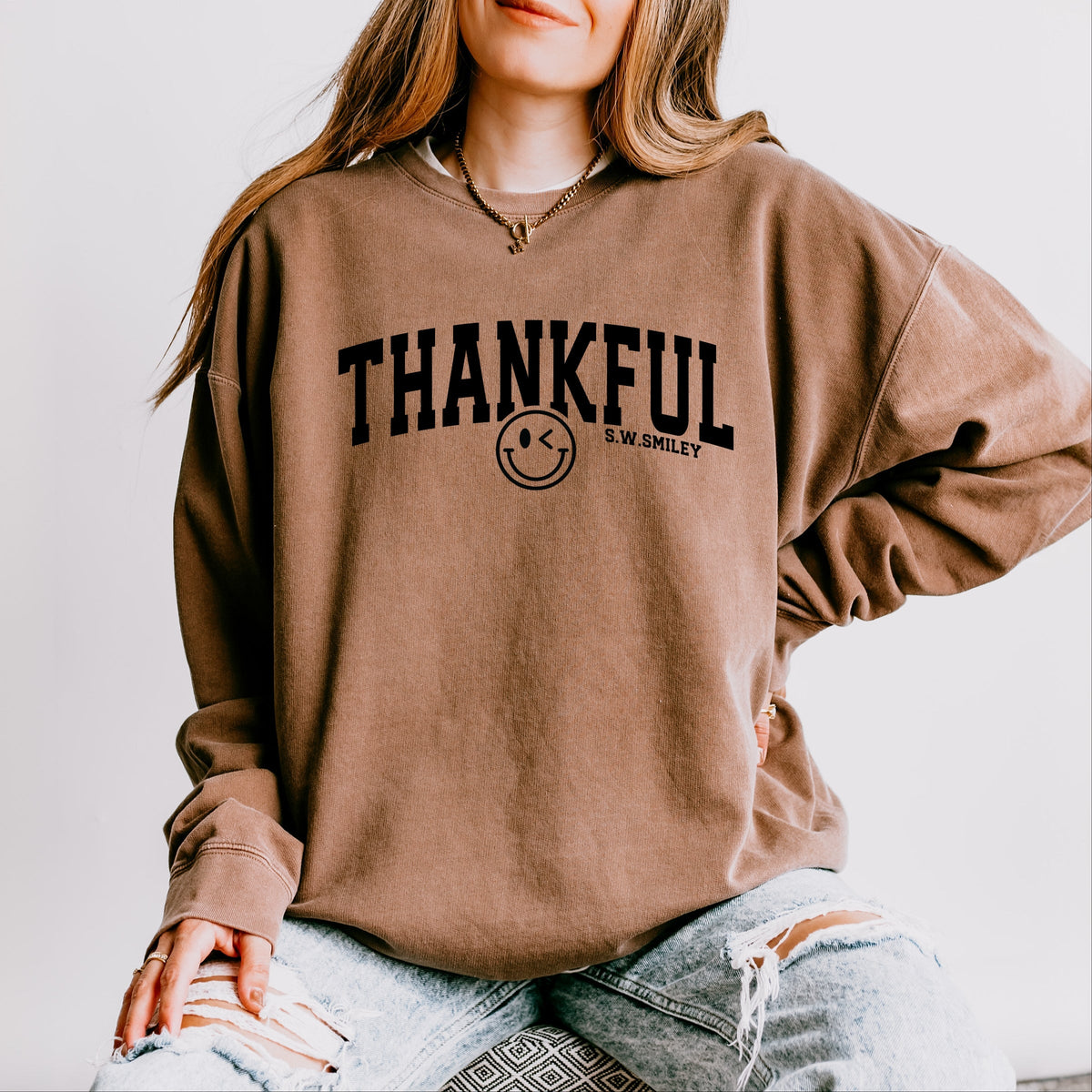 S.W.Smiley Thankful Varsity Arched - Women's Lightweight Garment Dyed Sweatshirt