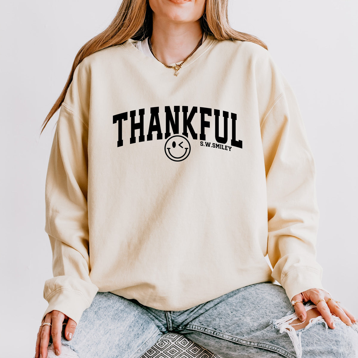 S.W.Smiley Thankful Varsity Arched - Women's Lightweight Garment Dyed Sweatshirt