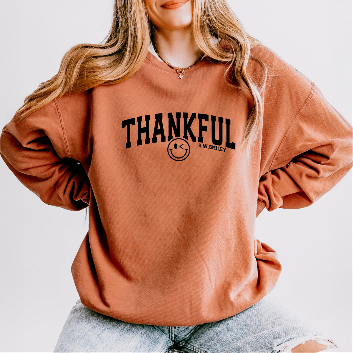 S.W.Smiley Thankful Varsity Arched - Women's Lightweight Garment Dyed Sweatshirt