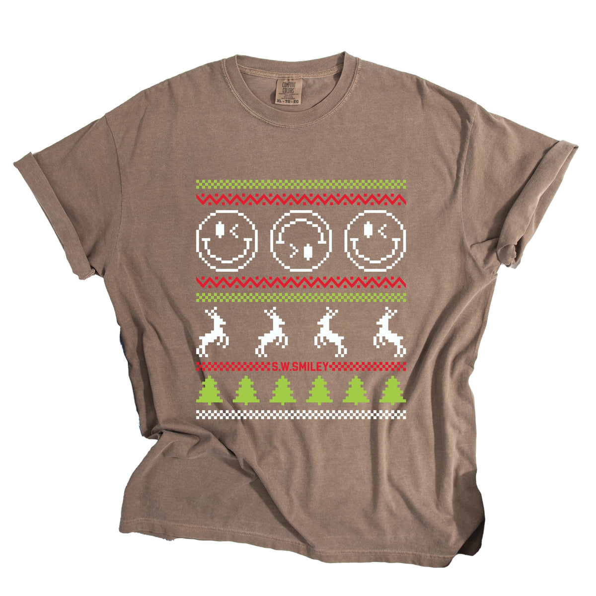 S.W.Smiley Ugly Christmas Sweater Pixels - Women's Garment Dyed Graphic T-Shirt