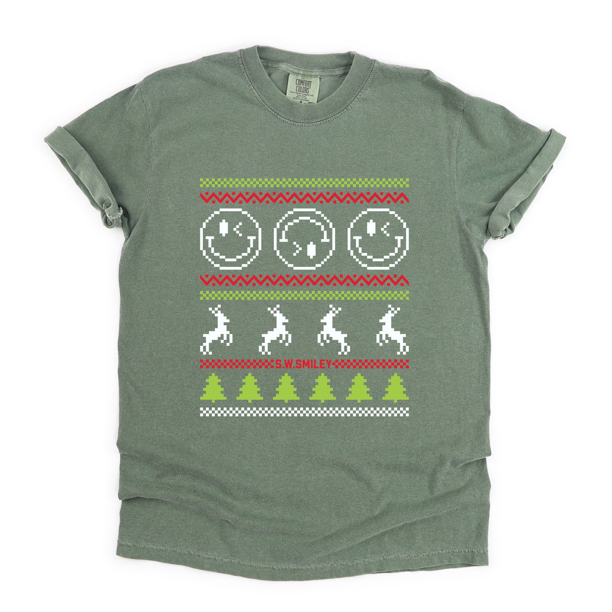 S.W.Smiley Ugly Christmas Sweater Pixels - Women's Garment Dyed Graphic T-Shirt