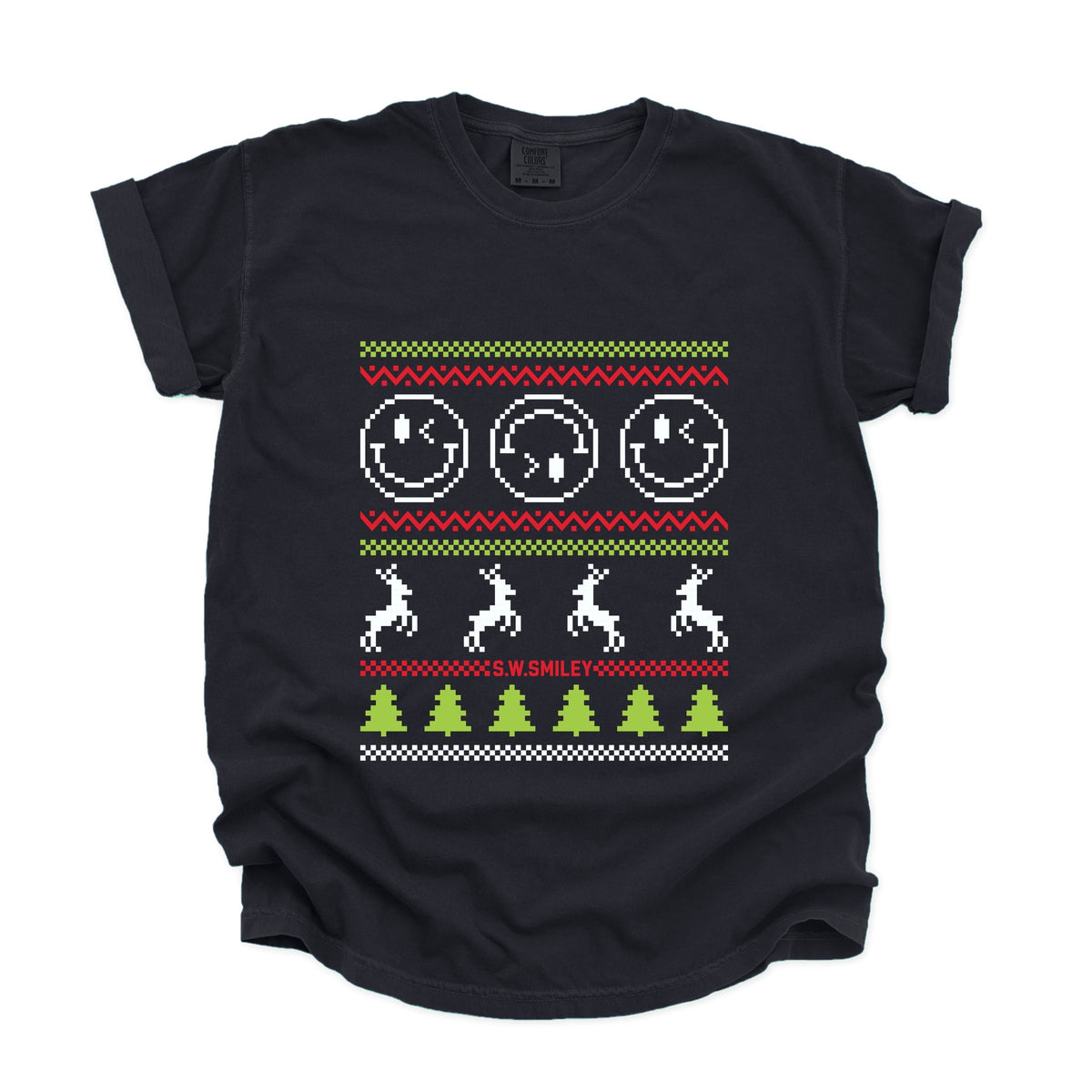 S.W.Smiley Ugly Christmas Sweater Pixels - Women's Garment Dyed Graphic T-Shirt