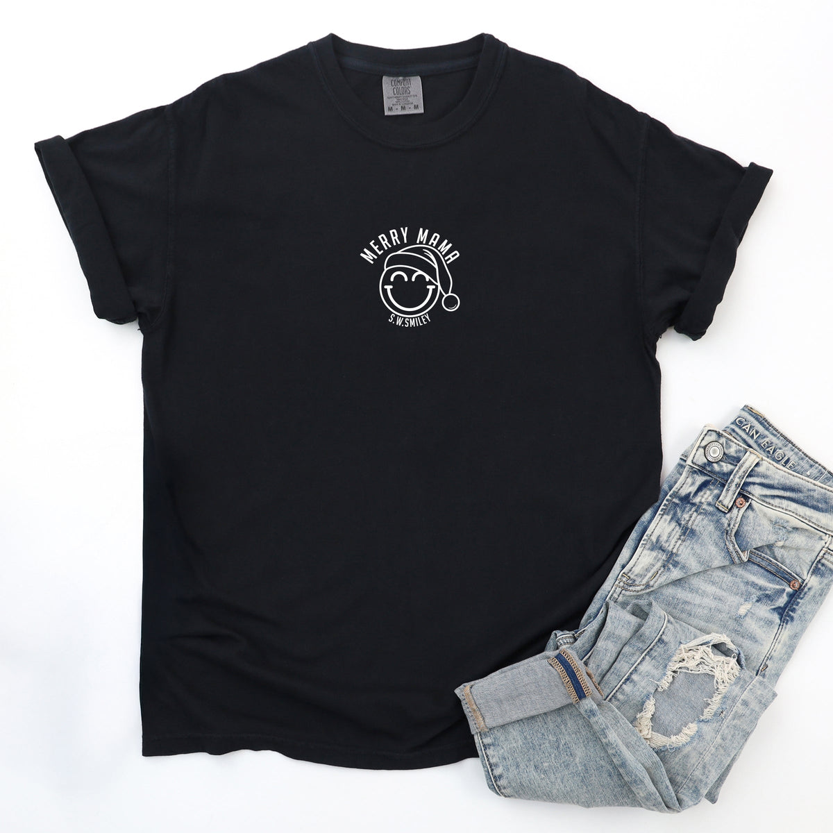 S.W.Smiley Merry Mama Outline - Women's Garment Dyed Graphic T-Shirt