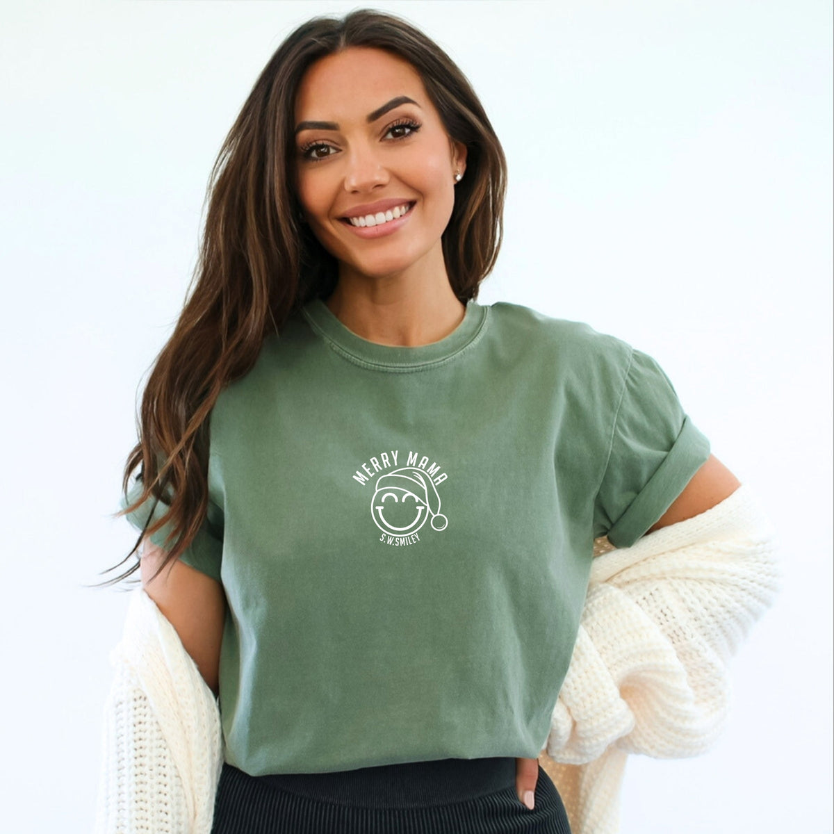 S.W.Smiley Merry Mama Outline - Women's Garment Dyed Graphic T-Shirt