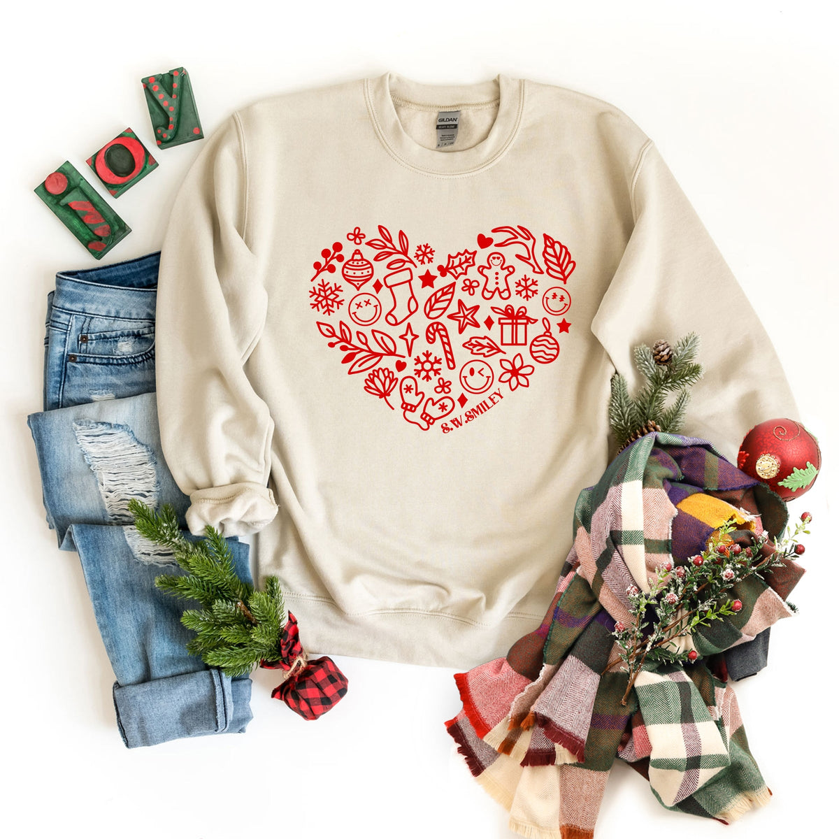 S.W.Smiley Christmas Outline Heart - Women's Graphic Sweatshirt