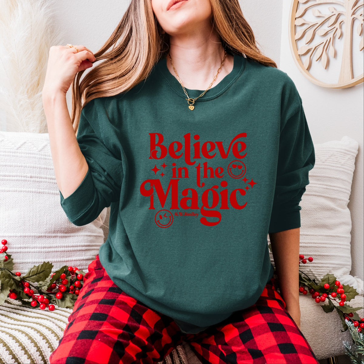 S.W.Smiley Believe in Magic Sparkle - Women's Garment Dyed Long Sleeve Graphic T-Shirt