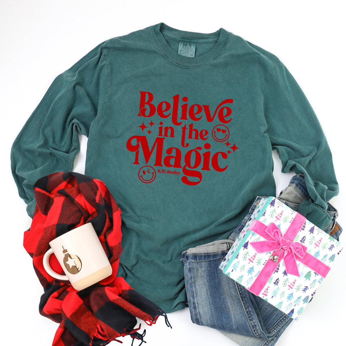 S.W.Smiley Believe in Magic Sparkle - Women's Garment Dyed Long Sleeve Graphic T-Shirt