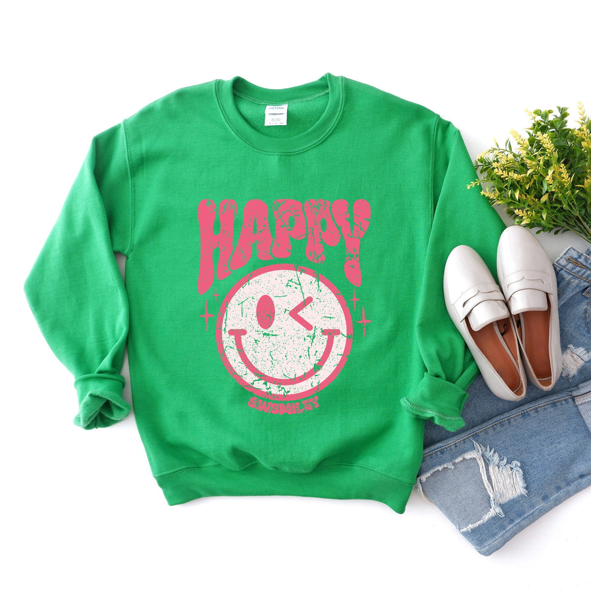 S.W.Smiley Pink Smiley Distressed -  Women's Graphic Sweatshirt