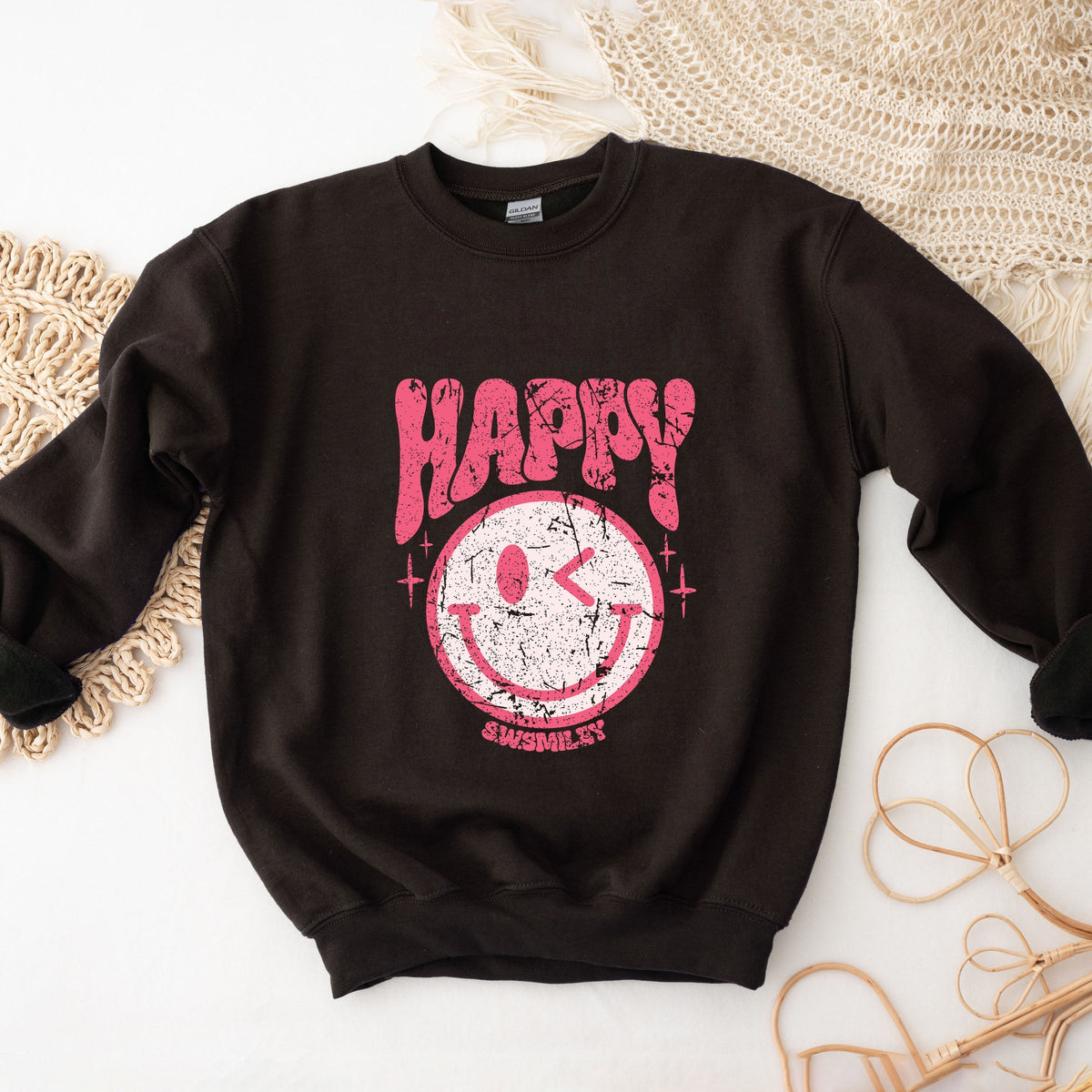 S.W.Smiley Pink Smiley Distressed -  Women's Graphic Sweatshirt