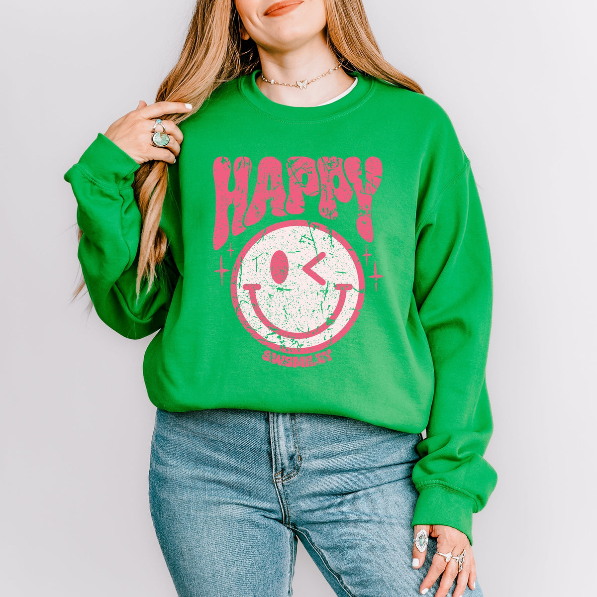 S.W.Smiley Pink Smiley Distressed -  Women's Graphic Sweatshirt