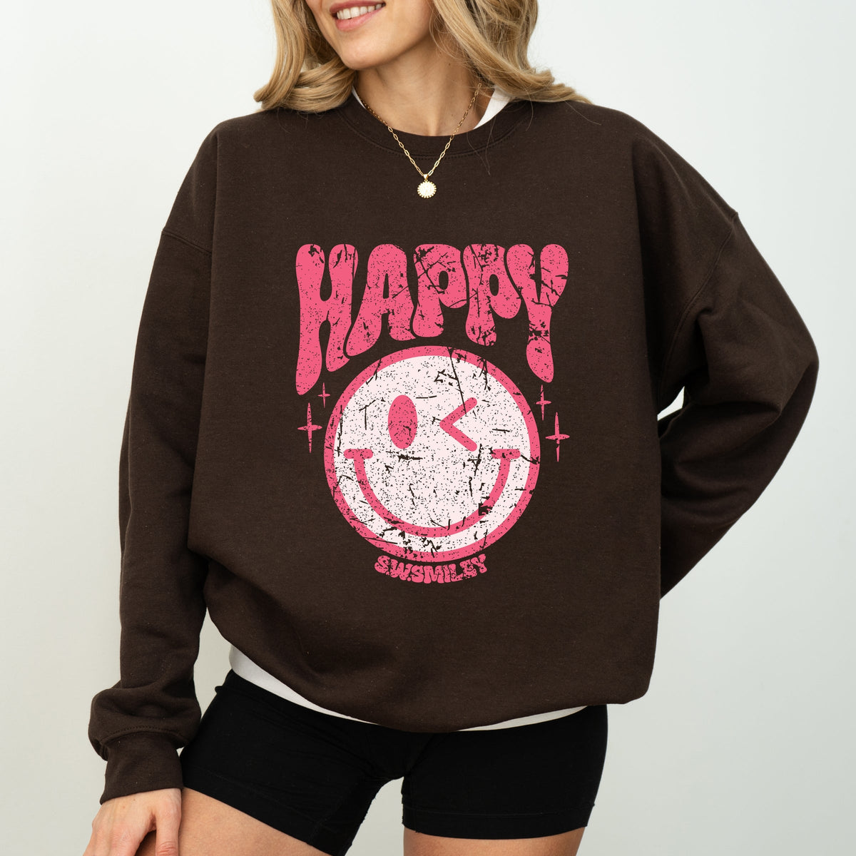 S.W.Smiley Pink Smiley Distressed -  Women's Graphic Sweatshirt