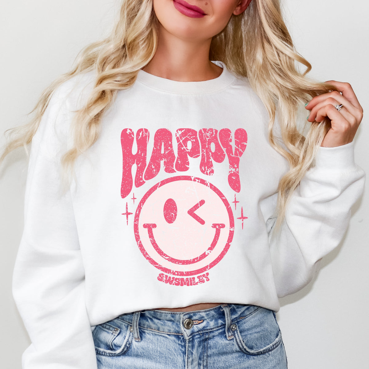 S.W.Smiley Pink Smiley Distressed -  Women's Graphic Sweatshirt