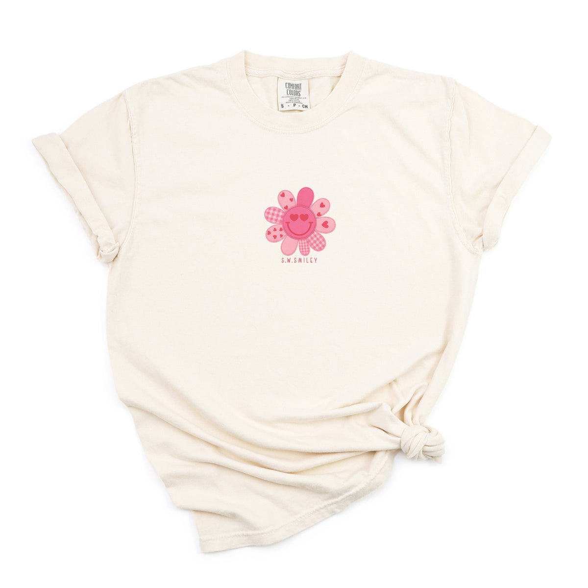 S.W.Smiley Patchwork Flower Hearts - Women's Garment Dyed Graphic T-Shirt