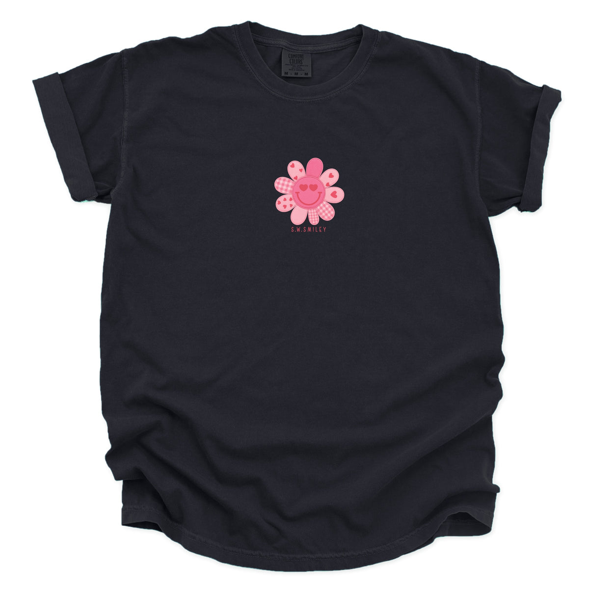 S.W.Smiley Patchwork Flower Hearts - Women's Garment Dyed Graphic T-Shirt