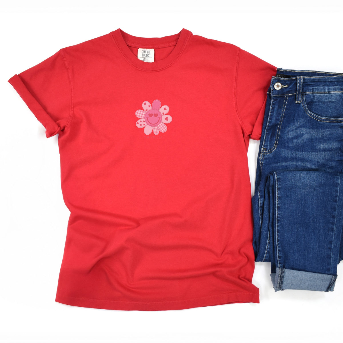 S.W.Smiley Patchwork Flower Hearts - Women's Garment Dyed Graphic T-Shirt