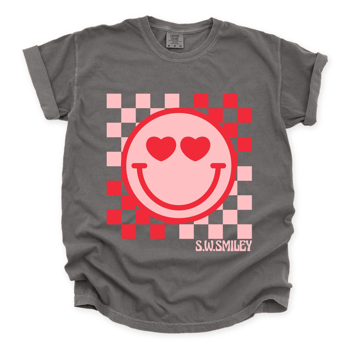 S.W.Smiley Checkered Heart Eyes Smiley - Women's Garment Dyed Graphic T-Shirt