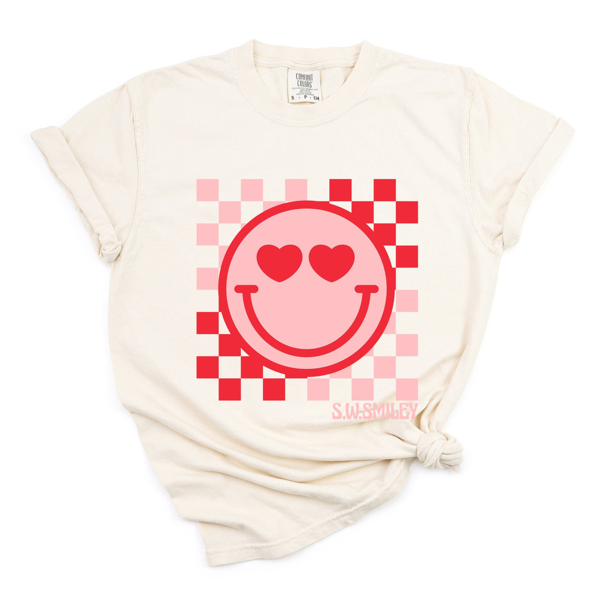 S.W.Smiley Checkered Heart Eyes Smiley - Women's Garment Dyed Graphic T-Shirt
