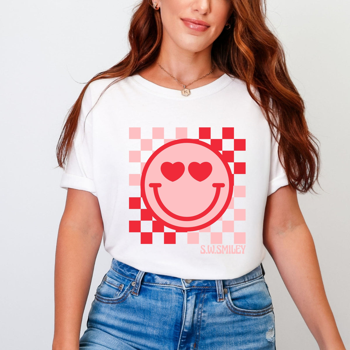S.W.Smiley Checkered Heart Eyes Smiley - Women's Garment Dyed Graphic T-Shirt