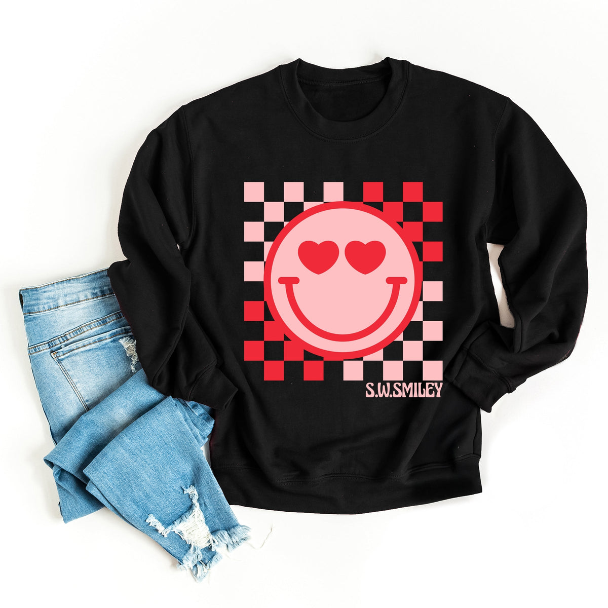 S.W.Smiley Checkered Heart Eyes Smiley -  Women's Graphic Sweatshirt