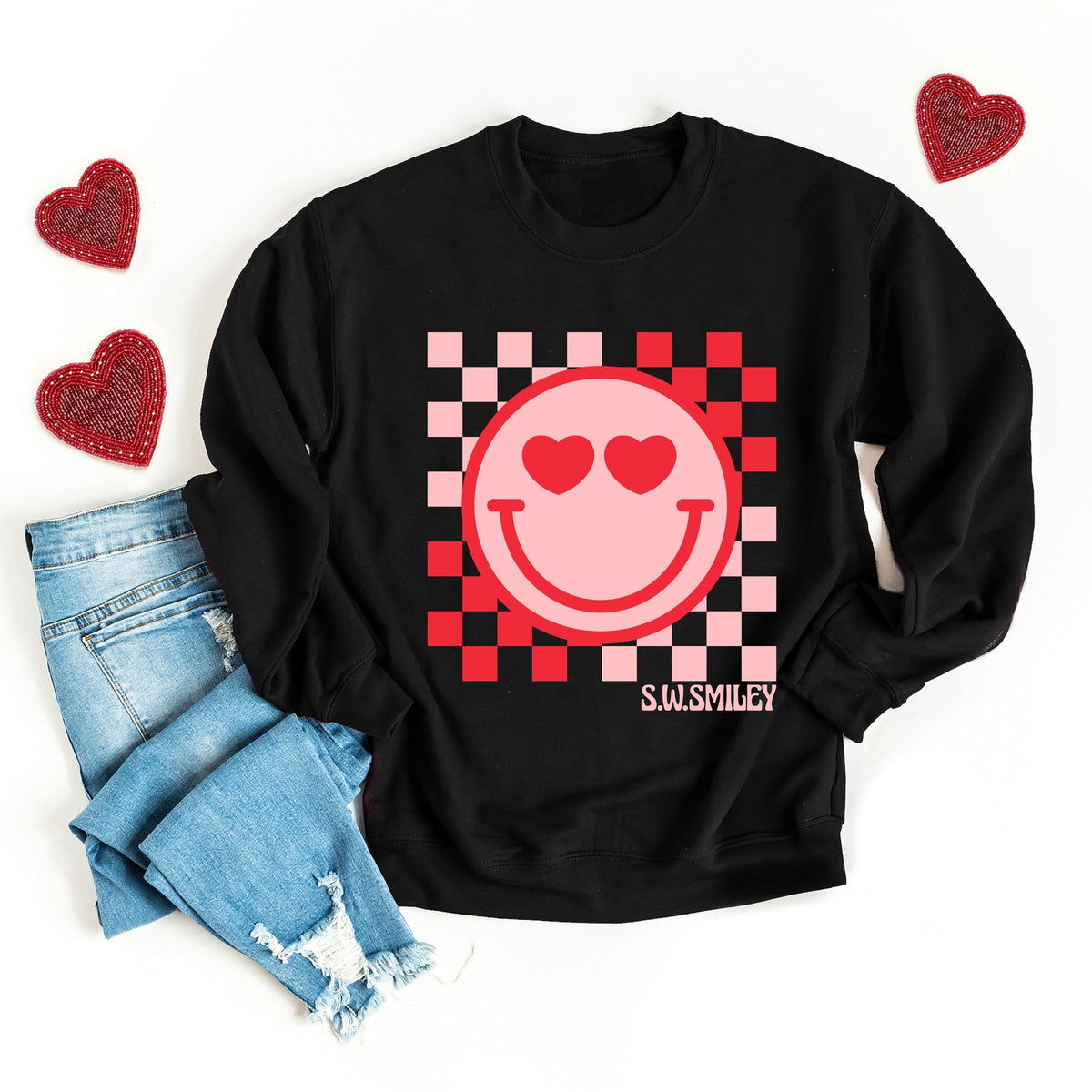 S.W.Smiley Checkered Heart Eyes Smiley -  Women's Graphic Sweatshirt