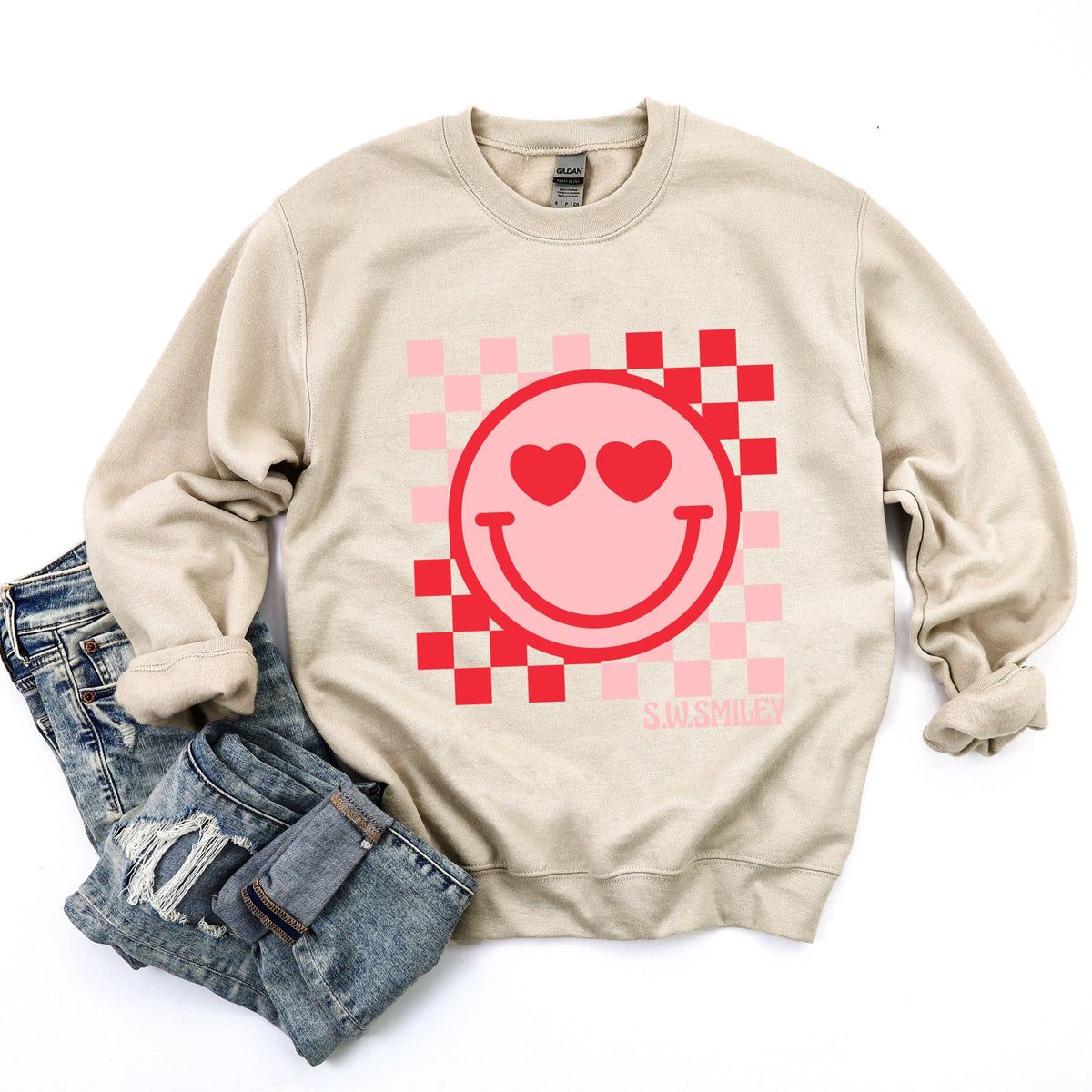 S.W.Smiley Checkered Heart Eyes Smiley -  Women's Graphic Sweatshirt