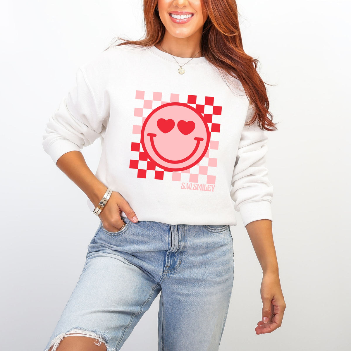 S.W.Smiley Checkered Heart Eyes Smiley -  Women's Graphic Sweatshirt