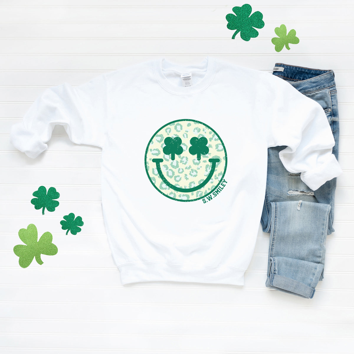 S.W.Smiley Clover Leopard Smiley Face -  Women's Graphic Sweatshirt