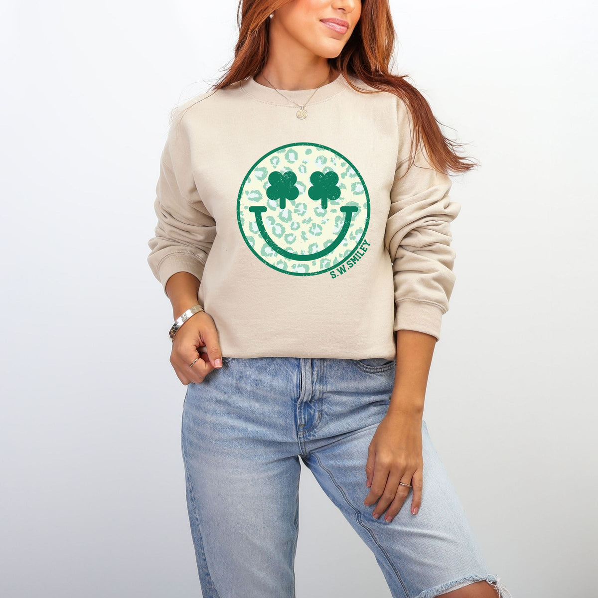 S.W.Smiley Clover Leopard Smiley Face -  Women's Graphic Sweatshirt