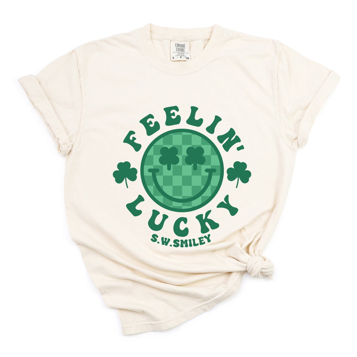 S.W.Smiley Feelin Lucky Checkered Smiley Face  - Women's Garment Dyed Graphic T-Shirt