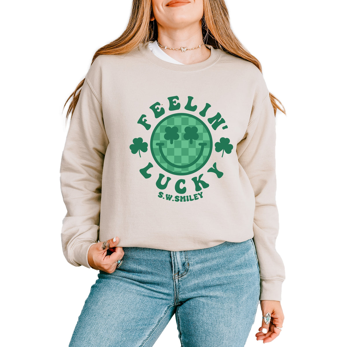 S.W.Smiley Feelin Lucky Checkered Smiley Face  -  Women's Graphic Sweatshirt