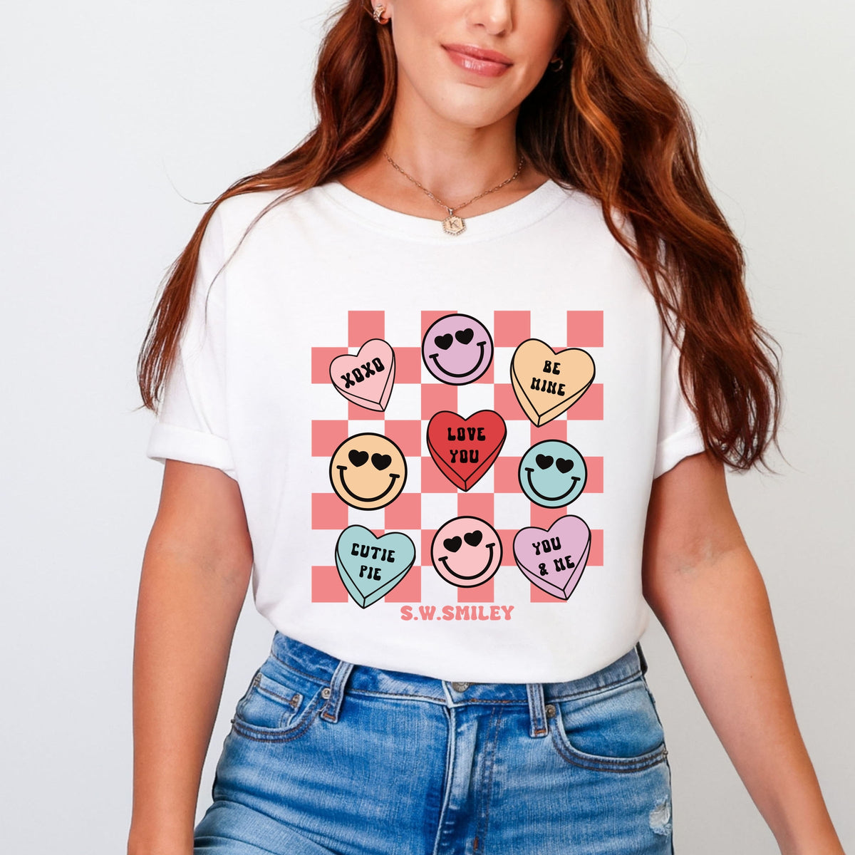 S.W.Smiley Candy Heart Smile Solid - Women's Garment Dyed Graphic T-Shirt