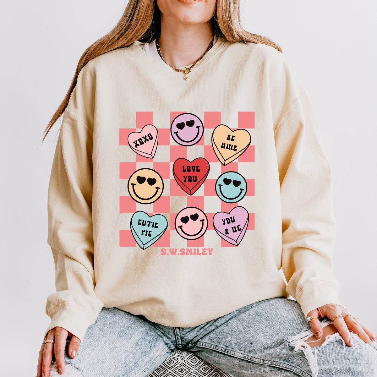 S.W.Smiley Candy Heart Smile Solid - Women's Lightweight Garment Dyed Sweatshirt