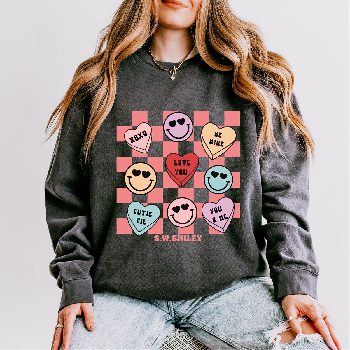 S.W.Smiley Candy Heart Smile Solid - Women's Lightweight Garment Dyed Sweatshirt