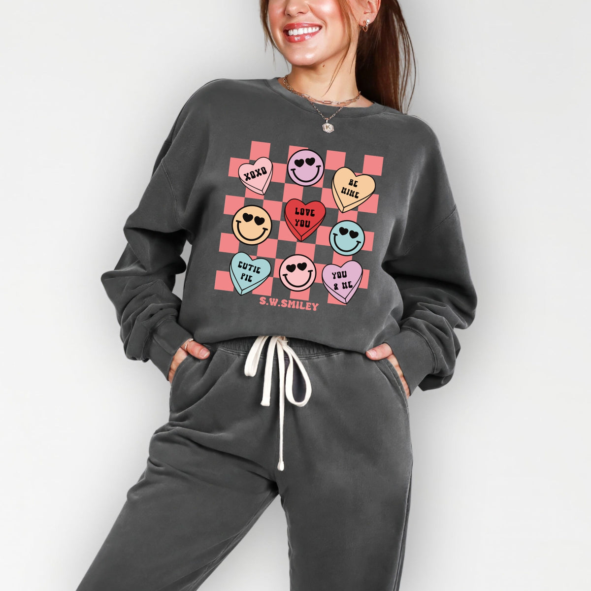 S.W.Smiley Candy Heart Smile Solid - Women's Lightweight Garment Dyed Sweatshirt