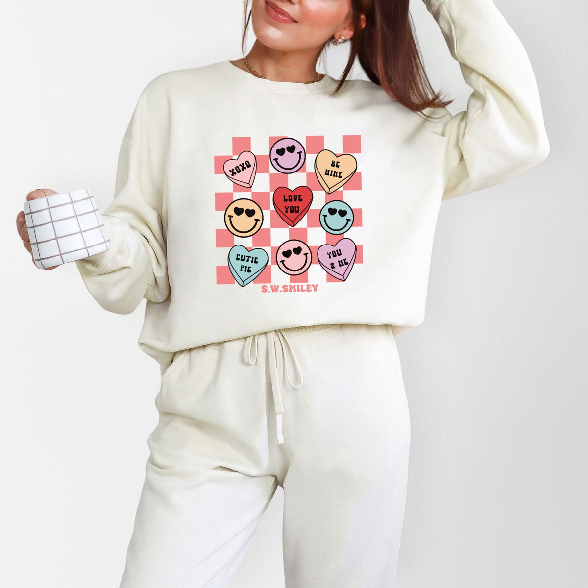 S.W.Smiley Candy Heart Smile Solid - Women's Lightweight Garment Dyed Sweatshirt