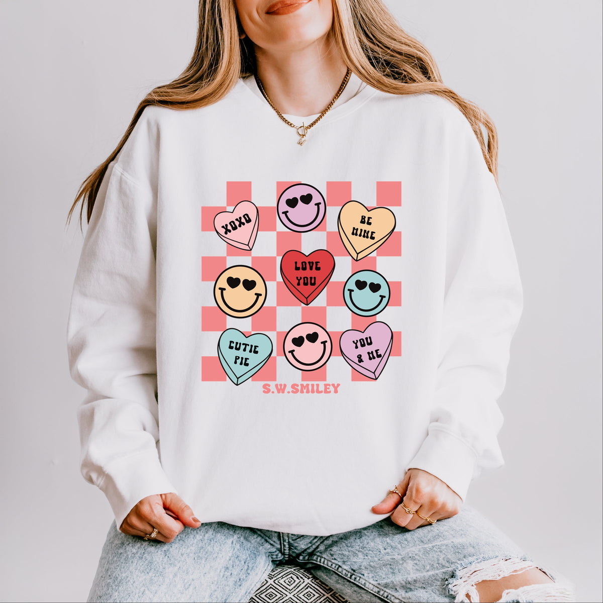 S.W.Smiley Candy Heart Smile Solid - Women's Lightweight Garment Dyed Sweatshirt