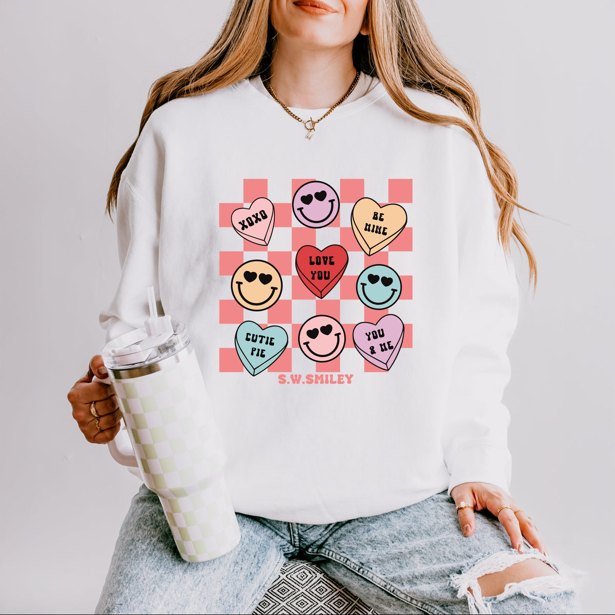 S.W.Smiley Candy Heart Smile Solid - Women's Lightweight Garment Dyed Sweatshirt