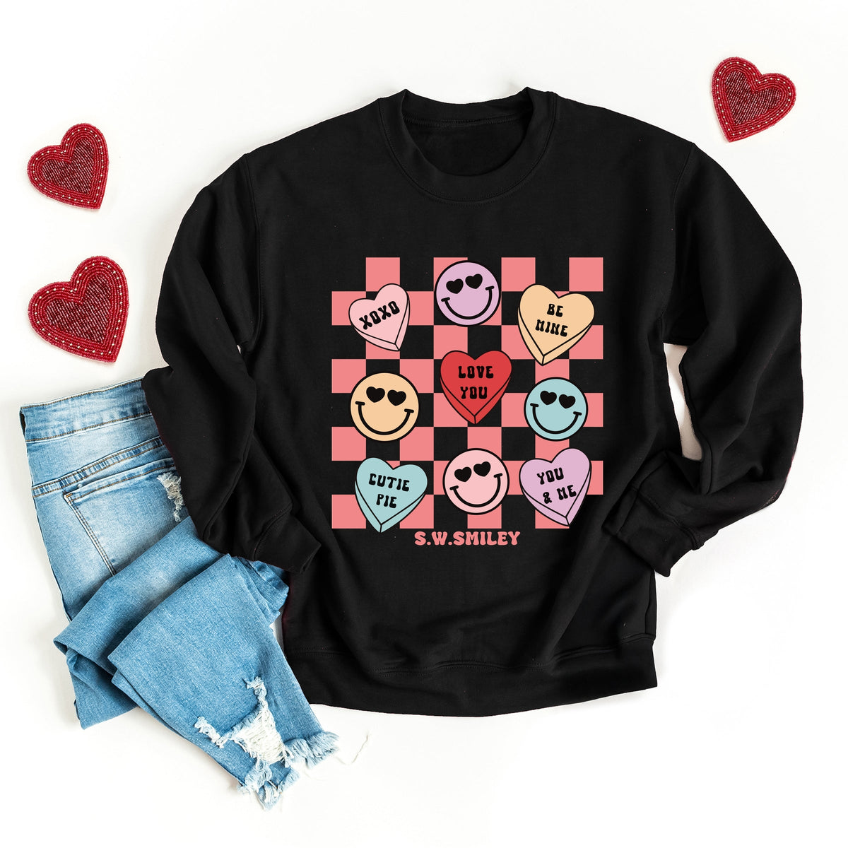 S.W.Smiley Candy Heart Smile Solid -  Women's Graphic Sweatshirt