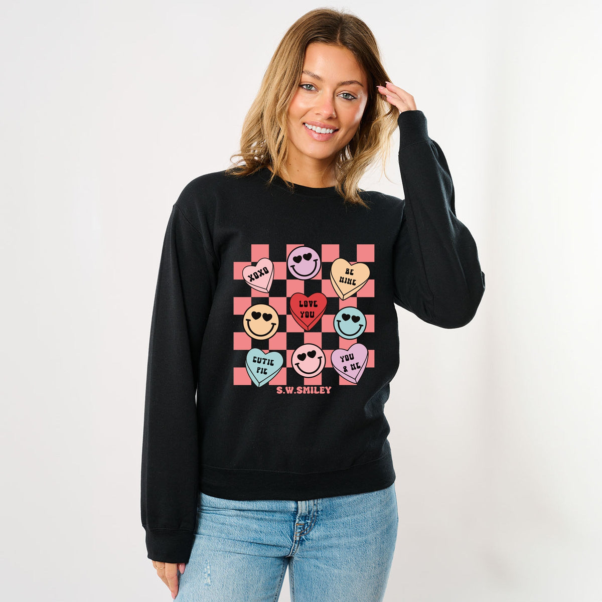 S.W.Smiley Candy Heart Smile Solid -  Women's Graphic Sweatshirt