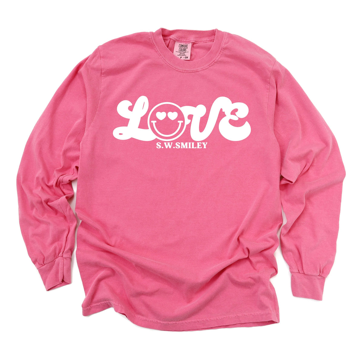S.W.Smiley Love Cursive - Women's Garment Dyed Long Sleeve Graphic T-Shirt