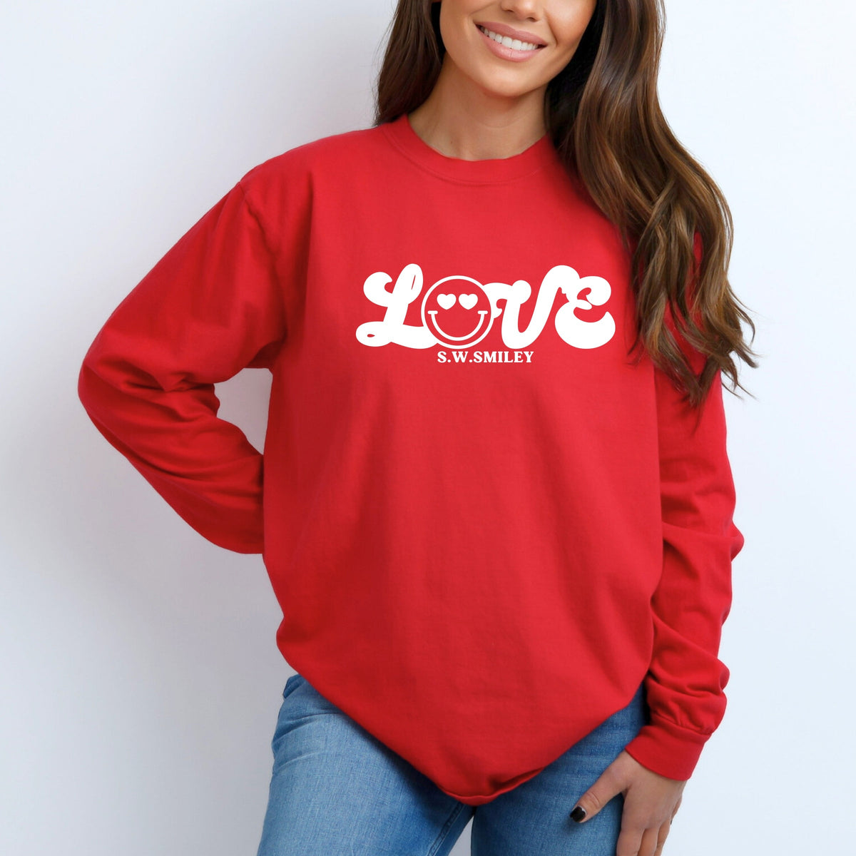S.W.Smiley Love Cursive - Women's Garment Dyed Long Sleeve Graphic T-Shirt
