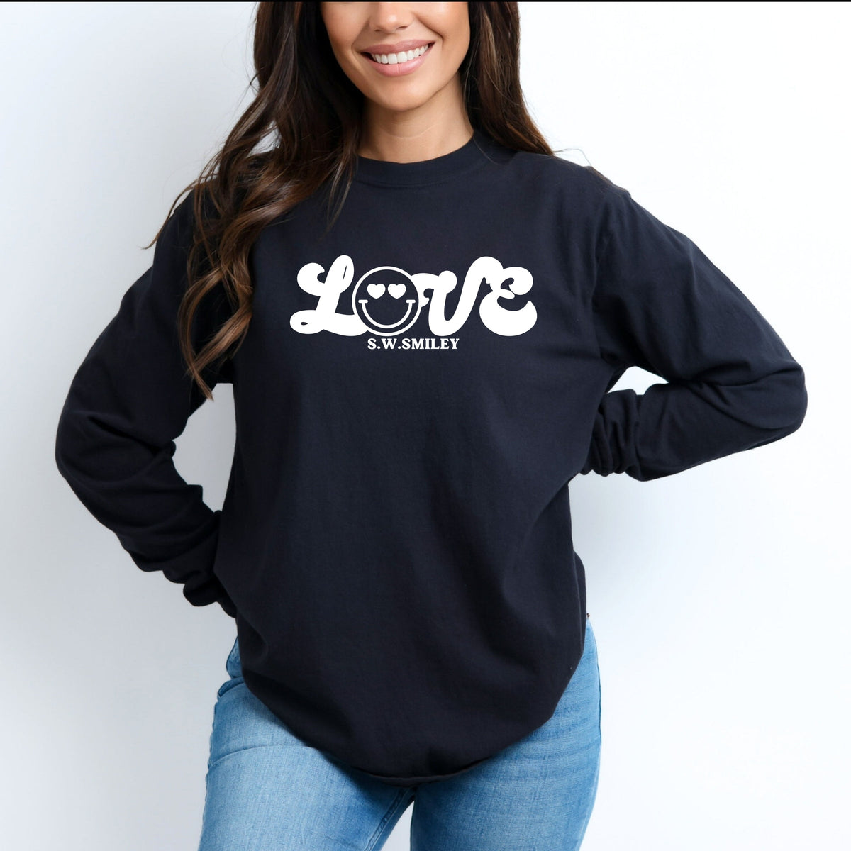 S.W.Smiley Love Cursive - Women's Garment Dyed Long Sleeve Graphic T-Shirt