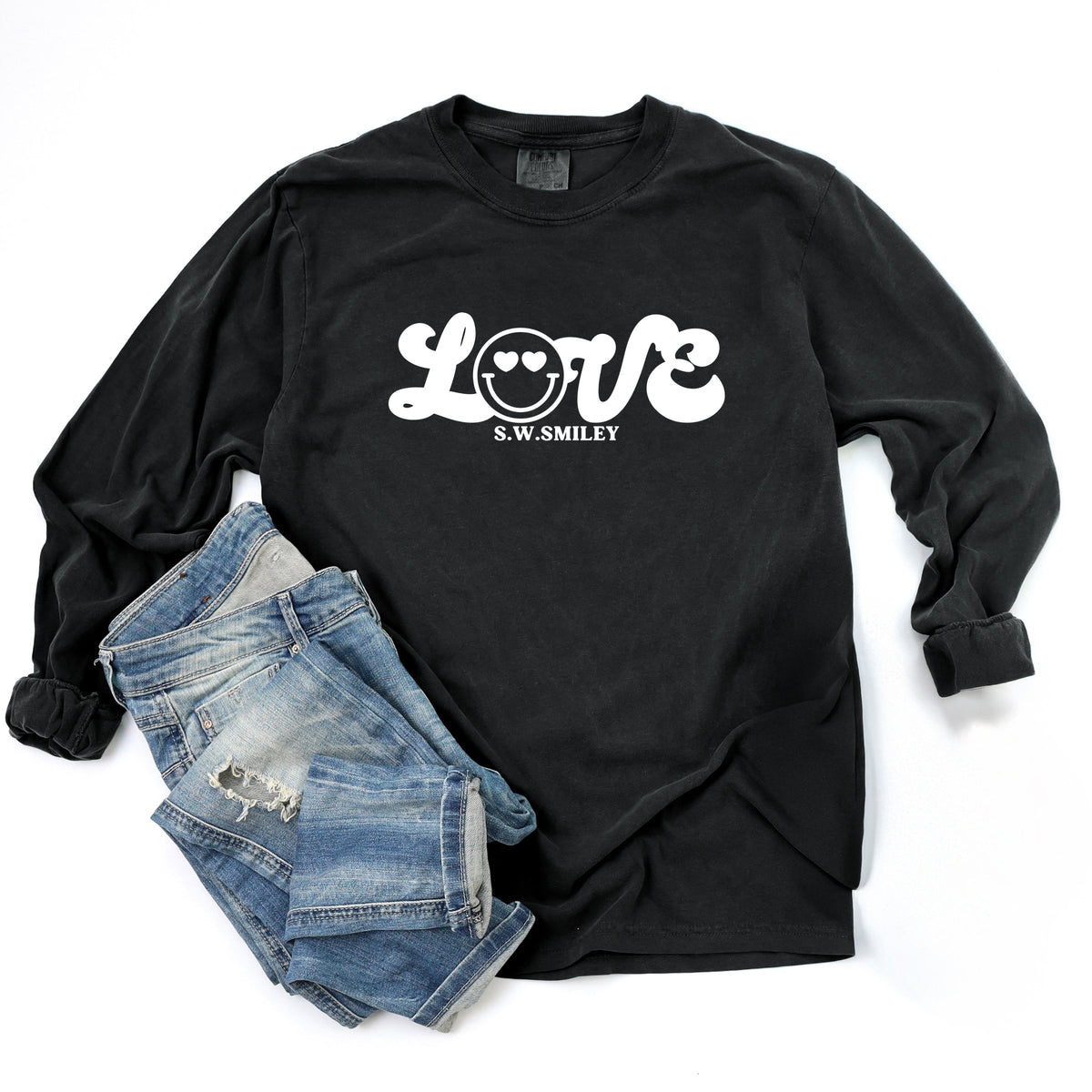 S.W.Smiley Love Cursive - Women's Garment Dyed Long Sleeve Graphic T-Shirt