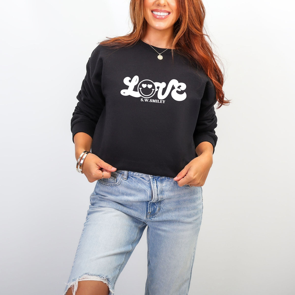 S.W.Smiley Love Cursive -  Women's Graphic Sweatshirt