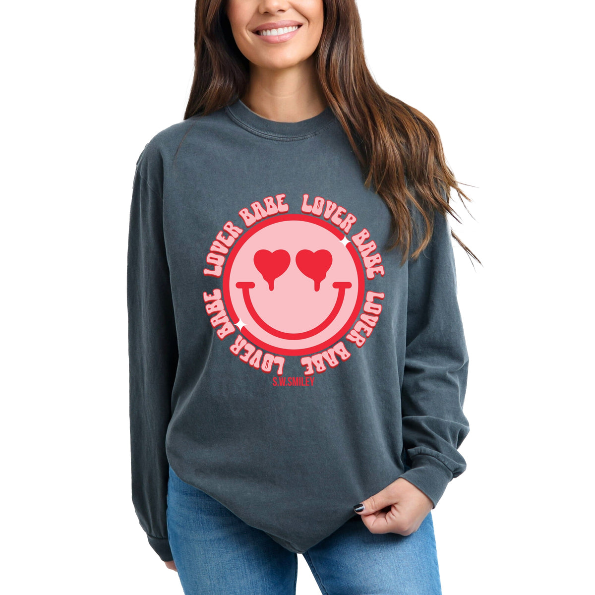 S.W.Smiley Lover Babe Smiley Face - Women's Garment Dyed Long Sleeve Graphic T-Shirt