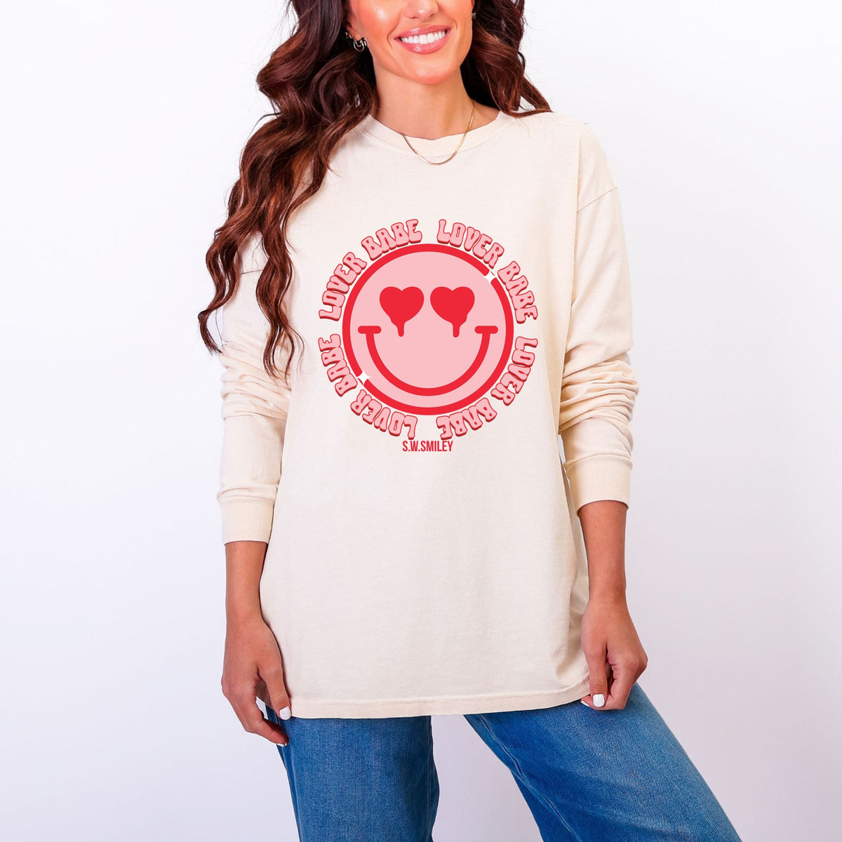 S.W.Smiley Lover Babe Smiley Face - Women's Garment Dyed Long Sleeve Graphic T-Shirt