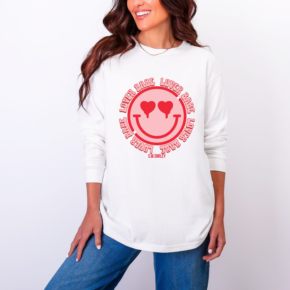 S.W.Smiley Lover Babe Smiley Face - Women's Garment Dyed Long Sleeve Graphic T-Shirt