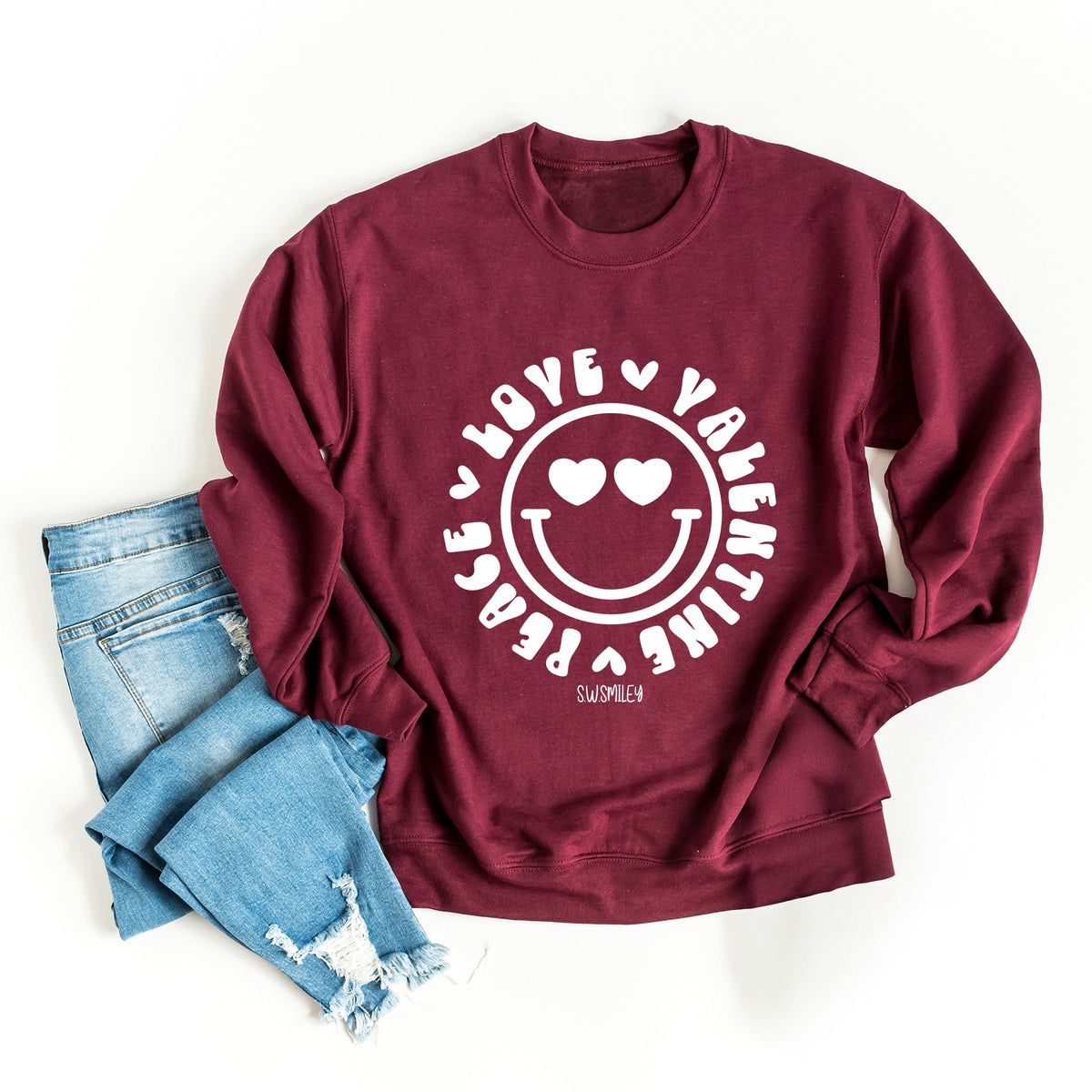 S.W.Smiley Peace Love Valentine Smiley -  Women's Graphic Sweatshirt